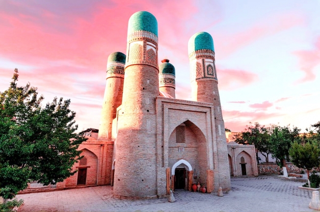 Chor Minor in Bukhara with its four turquoise tiled towers