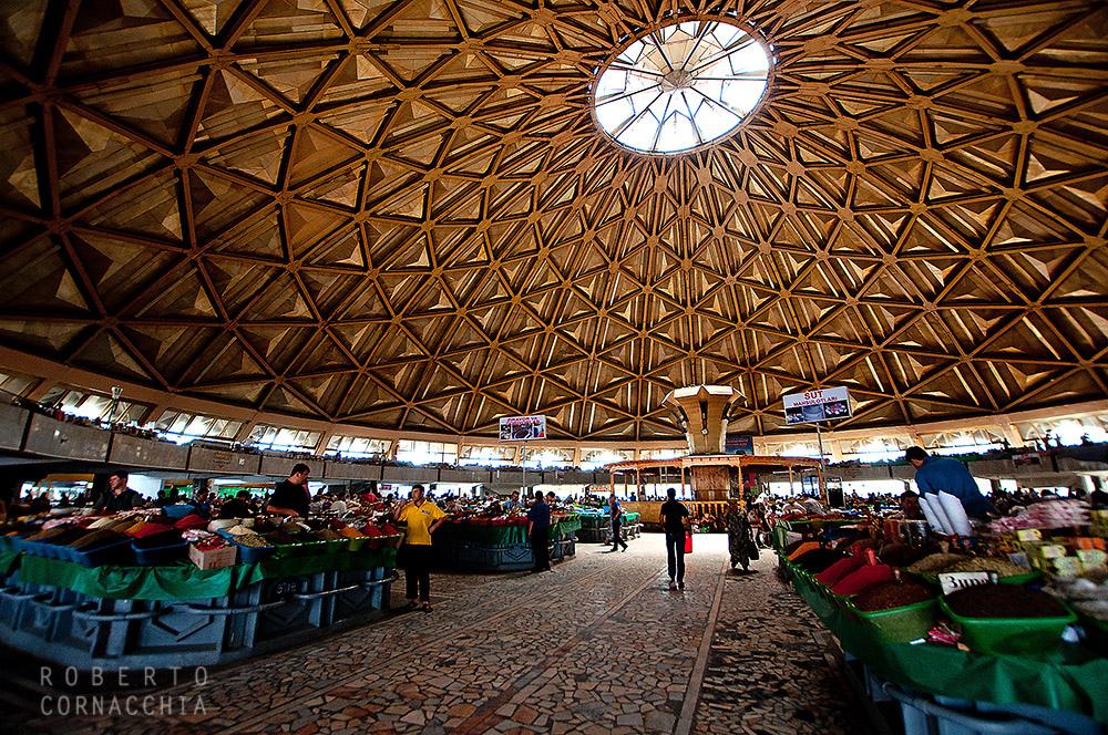 Interior and exterior of Chorsu Bazaar beneath its turquoise blue dome in Tashkent